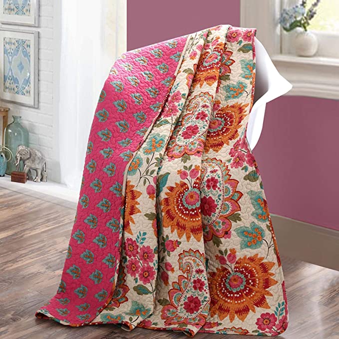 Sunflower Quilt Throw Blanket 78in x 60in , 100% Cotton Stitching Reversible Floral Patchwork Quilted Throw Orange Jacquard Throw Quilt