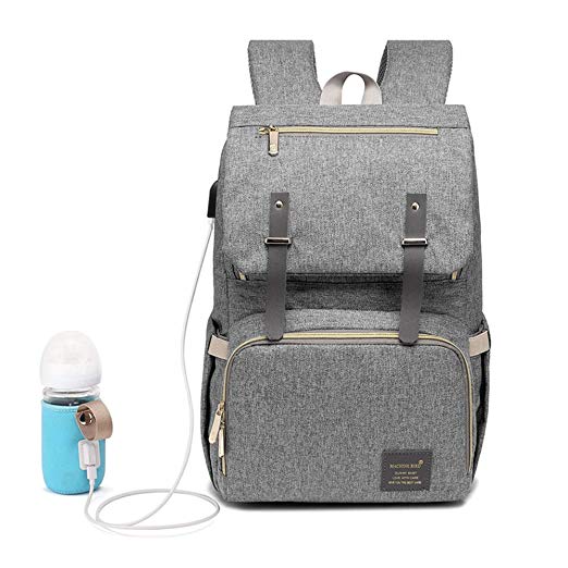 Dreamsoule Multi-Function Diaper Bag Backpack, Large CapacityMommy Backpack Waterproof Maternity Travel Nappy Bag with USB Charging Port and USB Bottle Heating Sleeve for Baby Care (Light Grey)