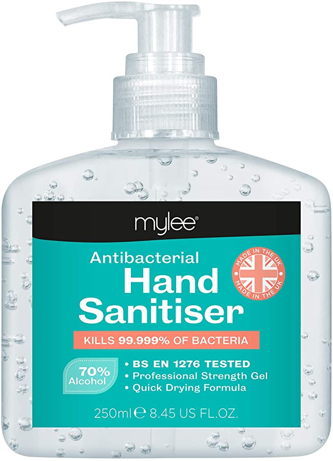 Mylee Antibacterial Hand Sanitising Gel with Tea Tree Leaves, Pump Dispenser, Hand Sanitiser, Quick Dry, Kills 99.999% Bacteria and Germs, BS EN 1276 Tested, 250ml (1 Bottle)