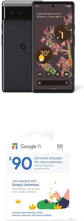 Google Pixel 6 – 5G Android Phone - Unlocked Smartphone with Wide and Ultrawide Lens - 128GB - Stormy Black with Google Fi Simply Unlimited SIM Card Kit