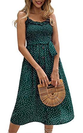 Angashion Women's Dresses - Summer Boho Floral Spaghetti Strap Button Down Belt Swing A line Midi Dress with Pockets