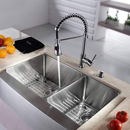 Kraus KHF203-36-KPF1612-KSD30CH 36 inch Farmhouse Double Bowl Stainless Steel Kitchen Sink with Chrome Kitchen Faucet and Soap Dispenser