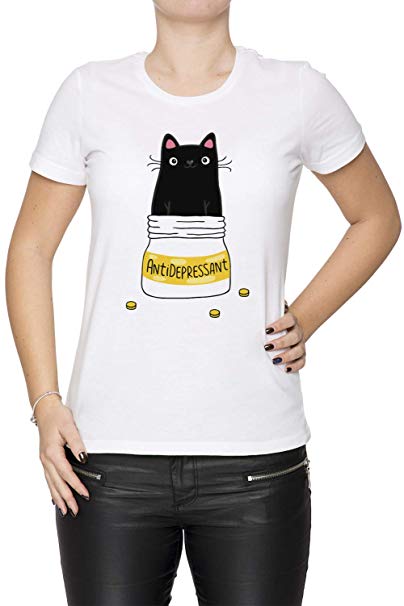 Fur Antidepressant - Cat Women's T-Shirt Crew Neck White Tee Short Sleeves