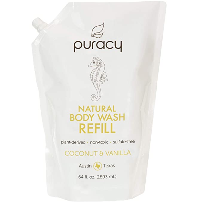 Puracy Natural Shower Gel Refill, Coconut & Vanilla, Sulfate-Free Body Wash Soap, 64 Ounce