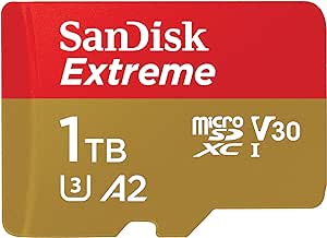 SanDisk 1TB Extreme microSD UHS I Card for 4K Video on Smartphones, Action Cams & Drones 190MB/s Read, 130MB/s Write SDSQXAV 1T00 GN6MN, Red/Gold