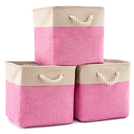 EZOWare 3-Pack Collapsible Storage Bins Basket Foldable Canvas Fabric Tweed Storage Cubes Set with Handles for Babies Nursery Toys Organizer (13 x 13 x 13 inches) (Cream/Pink)