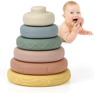 Mini Tudou 6 Pcs Baby Stacking & Nesting Circle Toy, Soft Building Rings Stacker & Teethers, Squeeze Play with Early Educational Learning, Best Gift for Ages 1 2 3 4 Boys & Girls