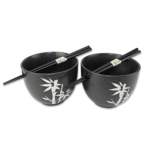 Quality Japanese Dinnerware Ceramic Ramen Udon Noodle Bowl Set of 2 with Bamboo Chopsticks Gift Pack (Asian Bamboo)