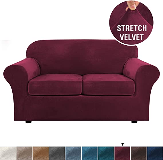 Real Velvet Plush 3 Piece Stretch Sofa Cover Velvet-Sofa Slipcover Loveseat Cover Furniture Protector Couch Soft Loveseat Slipcover for 2 Cushion Couch with Elastic Bottom(Loveseat,Burgundy)