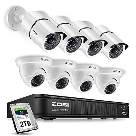 ZOSI 1080p H.265  Home Security Camera System,8 Channel CCTV DVR Recorder (2TB Hard Drive Built-in) and (8) 2.0MP Surveillance Bullet Dome Camera Outdoor/Indoor ,Remote Access,Motion Detection