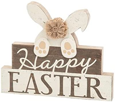 Happy Easter Bunny Tabletop Sign Decoration - Rustic Farmhouse Style Holiday Decor in Neutral Cream and Wood Tones