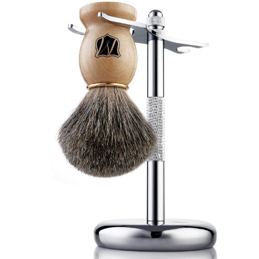 Miusco Premium 100% Pure Badger Hair Shaving Brush and Luxury Stand Shaving Set, Chrome Stand, Wooden Brush