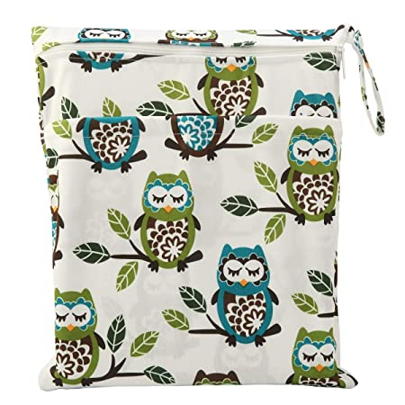 Sigzagor Medium Wet Dry Bag Baby Cloth Diaper Nappy Insert Bag Reusable Washable With Two Zippered Pockets (Owl Tree)