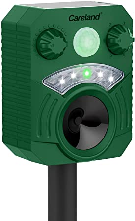 Careland Solar Animal Repeller Waterproof Ultrasonic Cat Repellent Outdoor Squirrel Repellent with Motion Sensor and Flashing Light to Repel Cat Dog Squirrel Rat Skunk Deer (1P, Green)