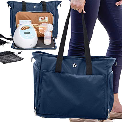 Zohzo Lauren Breast Pump Bag - Portable Tote Bag Great for Travel or Storage – Includes Padded Laptop Sleeve - Fits Most Major Brands Including Medela and Spectra (Navy)