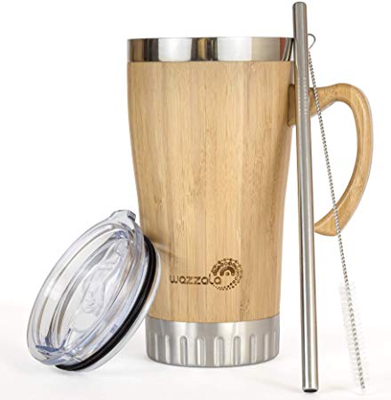 Bamboo Travel Mug with Handle - Leak Proof Lid, Eco-Friendly Tumbler | Stainless Steel Straw Included | Coffee or Tea Insulated Splash Proof Cup | 16 Oz