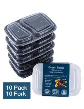 Green Bento 10 Pack 2 Compartment Meal Prep Food Storage Containers with Lids/Portion Control Bento Lunch Box Container Set/Dishwasher&Microwave Safe Cover Plates Dividers Bonus Cutlery(34oz)