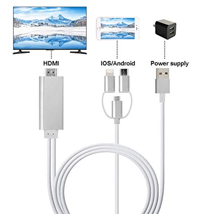 ZFKJERS 3 in 1 Phone to HDMI Cable, Mirroring Cellphone Screen to TV/Projector/Monitor Adapter, 1080P Resolution for iOS and Android Devices (Silver)