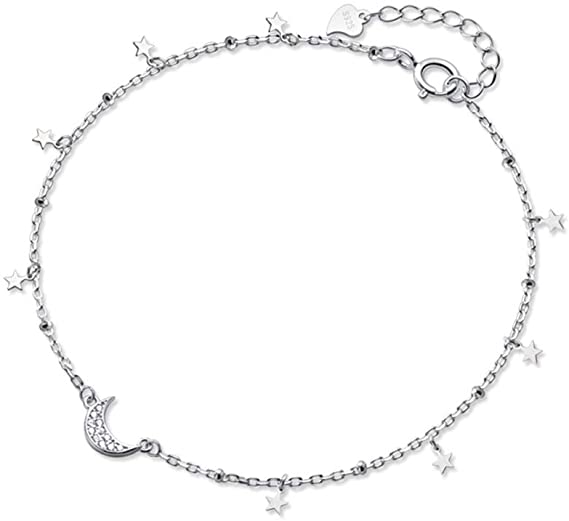 Dainty Star Crescent Moon Anklet Sterling Silver 925 Dangling Charm CZ Crystal Adjustable Foot Ankle Bracelet Sandbeach Party Foot Chain Summer Jewelry Gifts for Women Girls BFF