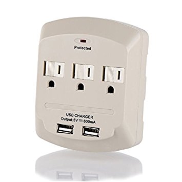 3-Outlet Surge Protector with 2 USB Ports, Ivory (15 AMP-1875 Watt)