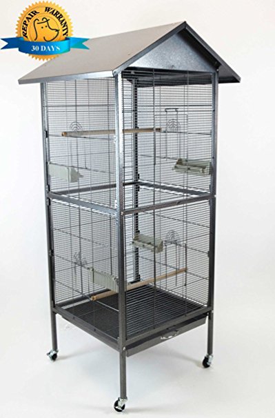 Homey Pet - 65" House Shape Bird Cockatoo Macaw Cage with Roof Casters, Feed Door, Perch, Metal Tray. Size: 23 ½" (W) x 23 ½" (L) x 54 ¼' (H). Item ID:PR-1610-BSV
