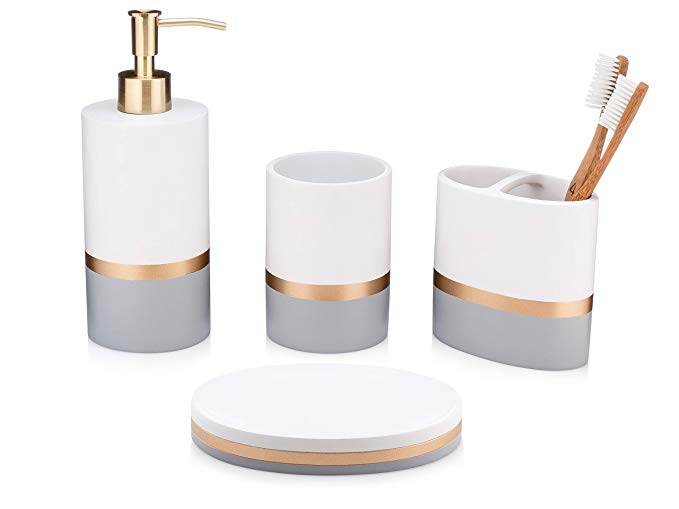 Essentra Home Day and Night Collection 4-Piece Bathroom Accessory Set White and Grey with Gold Stripe, Set Includes: Lotion Dispenser, Toothbrush Holder, Tumbler and Soap Dish
