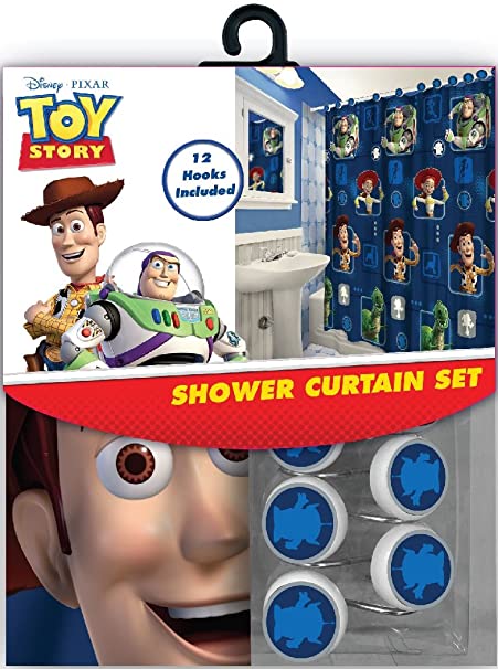 All New Fabric Shower Curtain Set Disney with 12 Matching Hooks (Toy Story)
