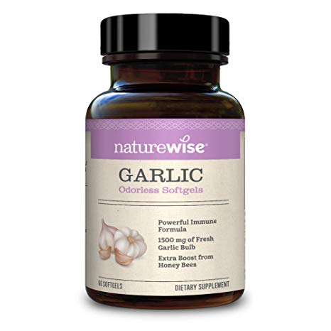 NatureWise Garlic - 1500mg of Fresh Garlic Bulb | Odorless Garlic Softgels for a Healthy Cardiovascular System | Powerful Immune Formula and Extra Boost from Honey Bees [2 Month Supply - 60 Count]