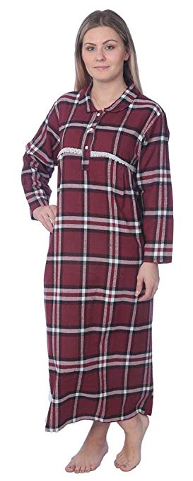 Beverly Rock Women's Full Length Brushed Cotton Flannel Plaid Nightgown Lounger