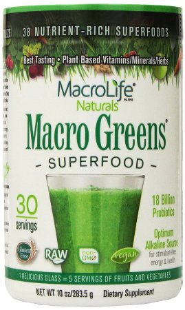 Macro Greens Superfood - 18 Billion Non-Dairy Probiotic Cultures - Raw Green Superfood - Certified Organic Barley Grass Powder - 5  Servings Of Fruits & Vegetables - America's "Best Tasting Greens" - Non GMO - Vegan - Gluten & Dairy Free - 30 Servings - 10 oz (283.5 g)