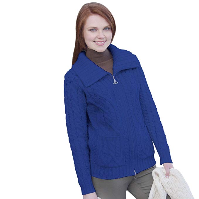 100% Irish Merino Wool Ladies Zip Aran Sweater with Pockets by West End Knitwear