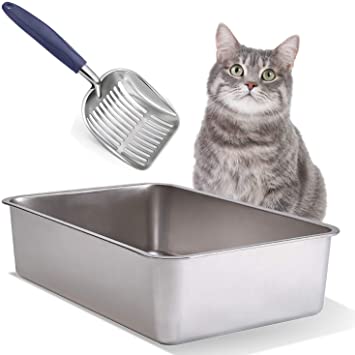 Stainless Steel Cat Litter Box   Cat Litter Scoop, Extra Large Litter Box Has High Sides, Doesn't Absorb Odor, Rust or Stains, Cat Litter Scooper has Aluminum Alloy Sifter, Metal Scooper, Deep shovel.