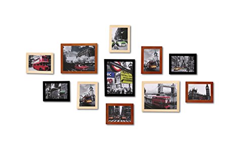 WOOD MEETS COLOR Picture Frames Gallery With Real Glass, Including White Photo Mats and Paper Wall Template, SET of 11 Collage Frames (Original & Walnut & Black)