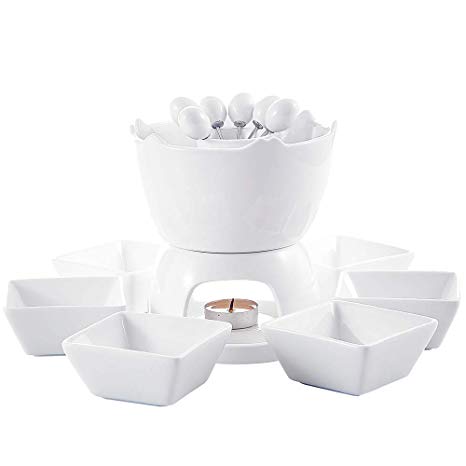 Malacasa FAVOR-003 Two-layer Ceramic Porcelain Tealight Candle Cheese Butter Chocolate Fondue Set with 6 Dipping Bowls 6 Forks, 9 x 7 x 6 inches, Ivory White