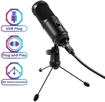INSTEN - USB Condenser Cardioid Microphone, with LED Indicator Light, Volume Knob, Tripod Mount Stand, for Win, Mac, Recording, Broadcasting, Studio, Podcasting and Streaming, Black