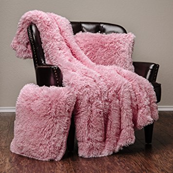 Chanasya Super Soft Long Shaggy Chic Fuzzy Fur Faux Fur Warm Elegant Cozy With Fluffy Sherpa Pink Microfiber Throw Blanket (50" x 65") & two Pillow Covers ( 18"x 18") Set