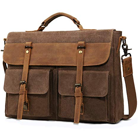 Large Messenger Bag for Men Tocode, Vintage Waxed Canvas Satchel Leather Briefcases Crossbody Shoulder Bags, 15.6 inch Computer Laptop Bags Water Resistant Travel Work Bag (Coffee)