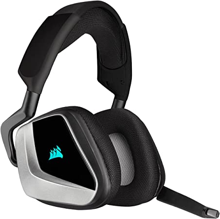 Corsair VOID RGB ELITE Wireless Premium Gaming Headset with 7.1 Surround Sound, Silver Edition (Microfiber Mesh Fabric, Omnidirectional Microphone, Up to 40ft of Range, On-Ear Controls, RGB Lighting)