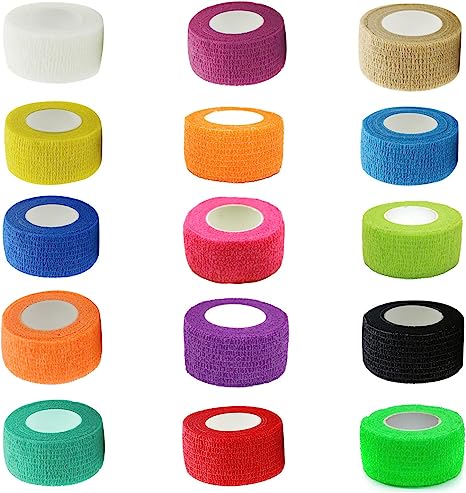 KISEER 15 Pack 1 Inch x 5 Yards Self Adhesive Bandage Breathable Cohesive Bandage Wrap Rolls Elastic Self-Adherent Tape for Stretch Athletic, Sports, Wrist, Ankle (Colorful)