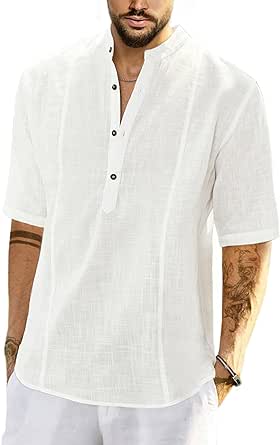 JMIERR Mens Cotton Linen Henley Shirt Casual Button Down Short Sleeve Tropical Shirts Summer Beach T Shirts