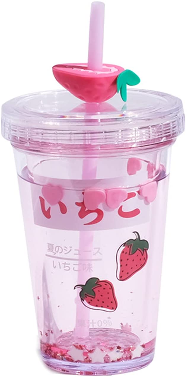 15oz Kawaii Water Bottle With Straw Glitter Double Wall Water Bottle With Straw Kawaii Cup Strawberry Water Bottle Kawaii Cups Kawaii Stuff Avocado Gifts Pink