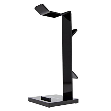 Geekdigg Universal Gaming Headset Headphone Stand Holder Desk Display Rack Hanger with Cable Organizer and Cellphone Tablet Stand - Acrylic Black