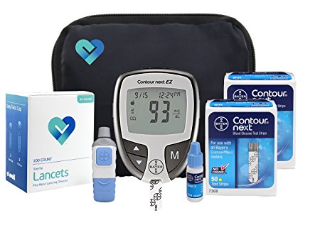 OWell Bayer Contour NEXT Complete Diabetes Blood Glucose Testing Kit, EZ METER, 100 Test Strips, 100 Lancets, Lancing Device, Control Solution, Manual, Log Book & Carry Case