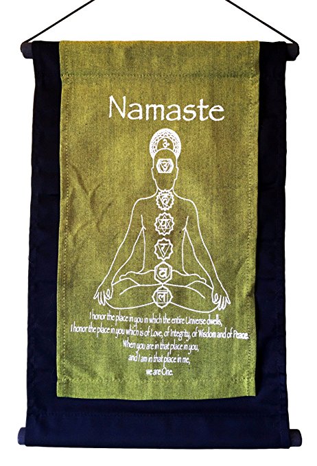 Cotton Namaste and Seven Chakra Inspirational Yoga Banner Scroll Style Three Color Choice (Green)