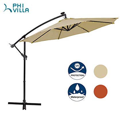MF STUDIO Offset Cantilever 10ft Solar LED Hanging Outdoor Umbrella with Crossbase, 8 Ribs, Beige