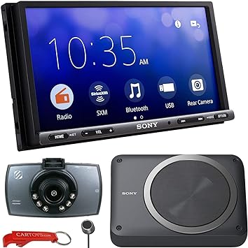 Sony XAV-AX3200 2-DIN Car Stereo w/XS-AW8 Powered Subwoofer & Dash Camera Bundle. Apple CarPlay & Android Auto 6.95" Head Unit, SiriusXM Ready Receiver, AM/FM, Bluetooth, Extra Bass, No CD Player