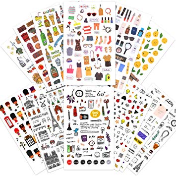 1000Art Cute Korean Stickers Set(12 Sheets / 400 ) Clothes,Beauty,Drinks,Travel Life,Emjio,College Planner Stickers for Scrapbooking,Cards,Journals,Planner,Calendars,Album,DIY Arts and Crafts