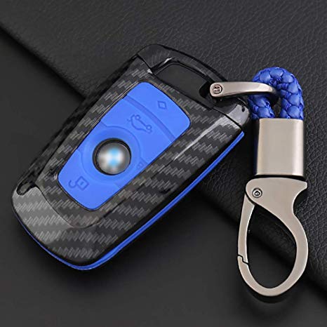 ontto Key Fob Cover Carbon Fiber Texture Car Key Shell Silicone case with Keychain Remote Key Protector Fit for BMW 1 3 5 7 Series X3 X4 X5 X6 (Blue)