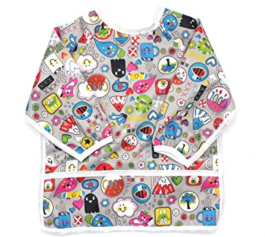 Waterproof bib with sleeves - lightweight long sleeve bibs with ties and feeding pocket, best for infant, smock, toddler, baby 6-24 months girl and boy