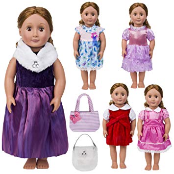 American Girl Doll Accessory Set - 18 Inch - Outfits (5) - including Red Holiday Winter Dress   Handbags (2)